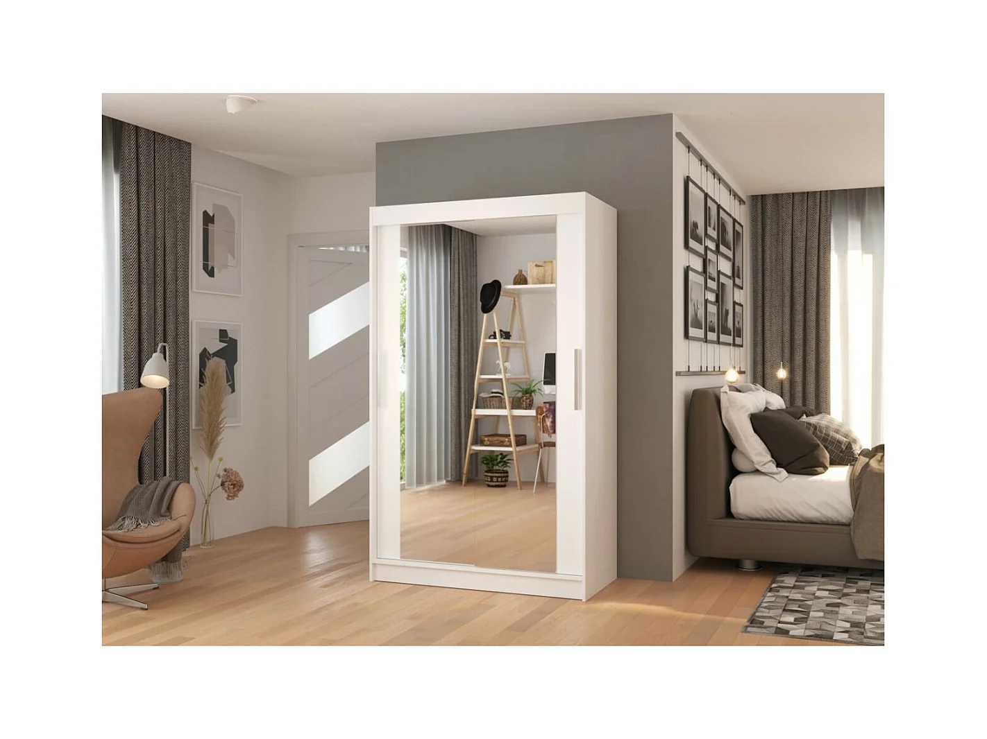 Armoire Tibo (120cm)/Miroir/Portes coulissantes/Blanc