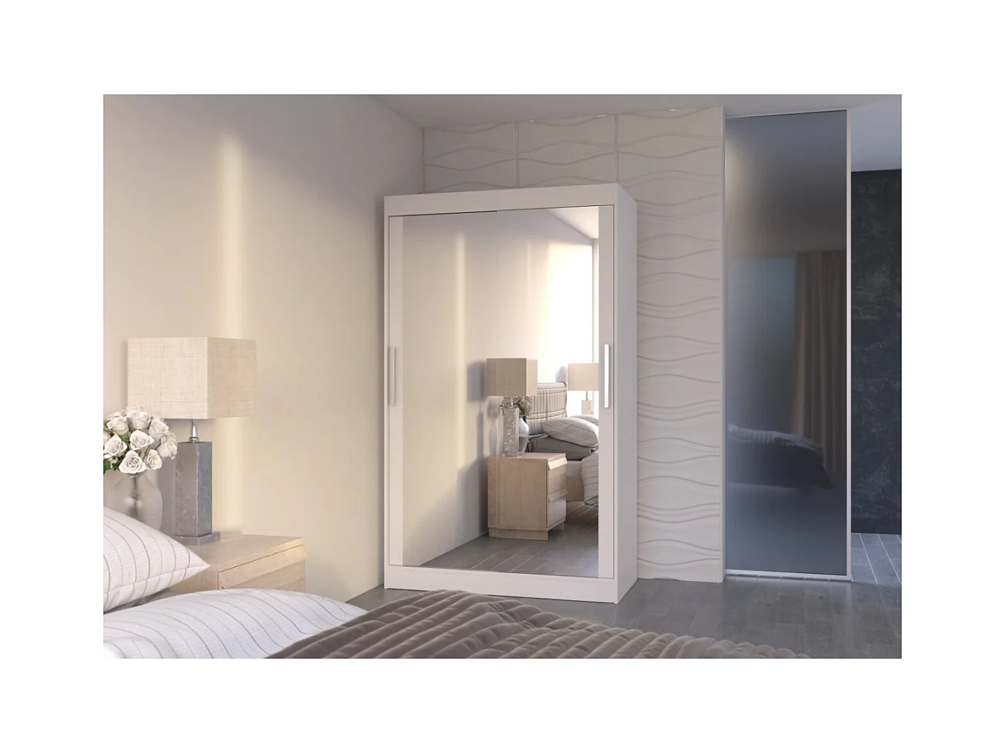 Armoire Tibo (120cm)/Miroir/Portes coulissantes/Blanc