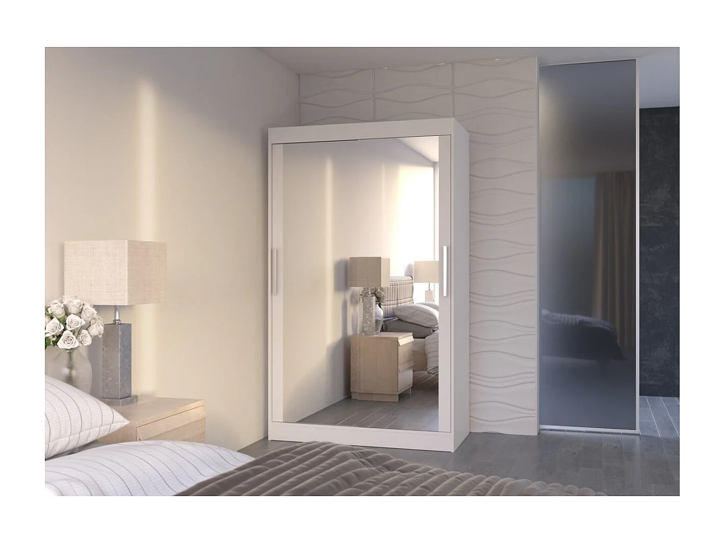 Armoire Tibo (120cm)/Miroir/Portes coulissantes/Blanc