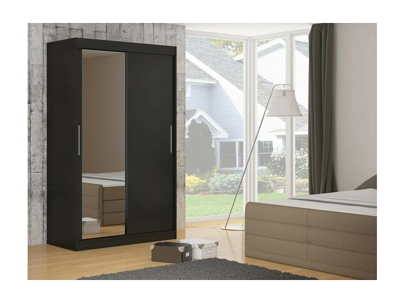 Armadio Tim (180cm)/Specchio/Ante scorrevoli/Nero