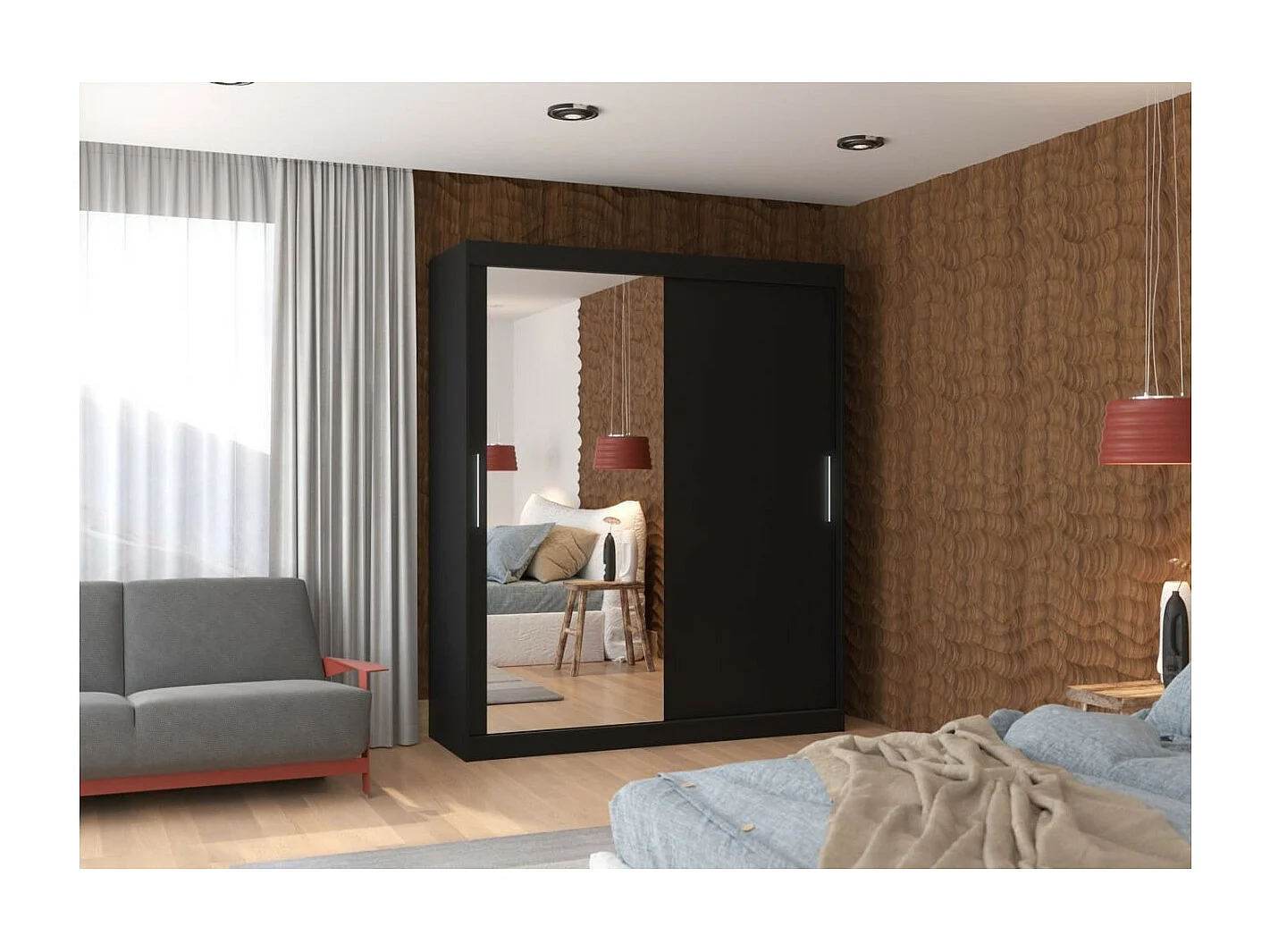 Armoire Tim (180cm)/Miroir/Portes coulissantes/Noir