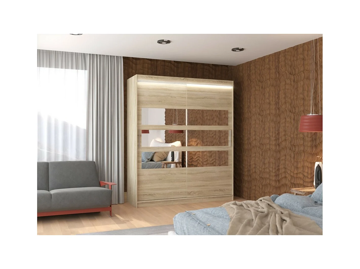 Armadio Toreno Lux (180cm)/Specchio/LED/Ante scorrevoli/Sonoma