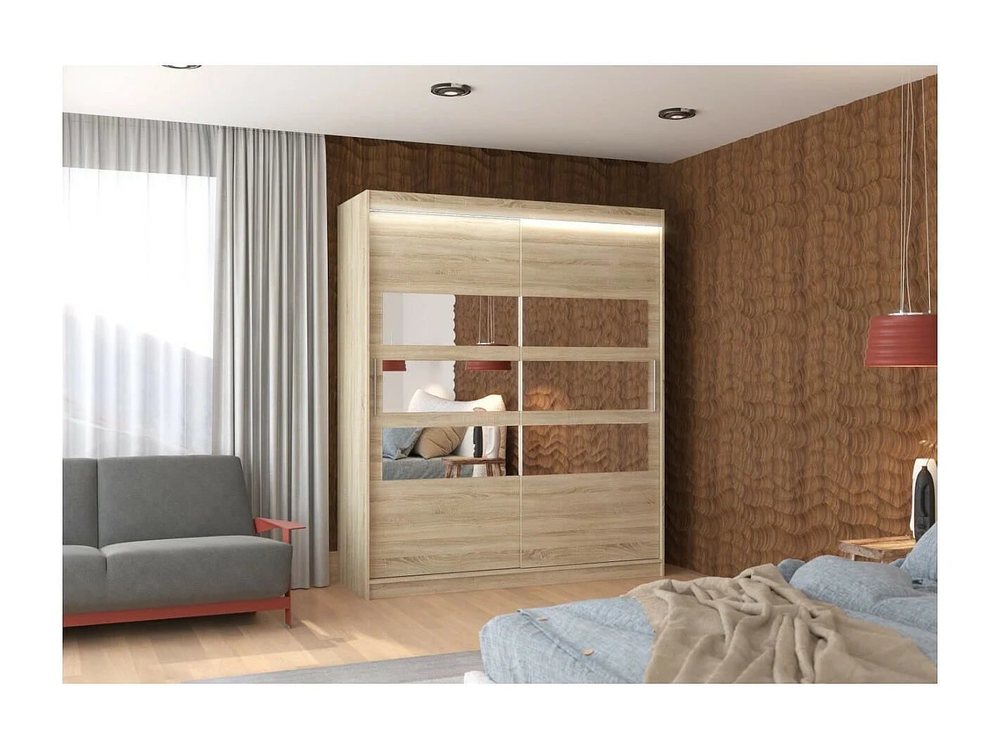 Kleiderschrank Toreno Lux (180cm)/Spiegel/LED/Schiebetüren/Sonoma