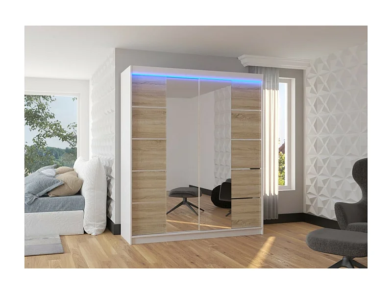 Armoire Triso (180cm)/Miroir/LED/Portes coulissantes/Blanc&Sonoma