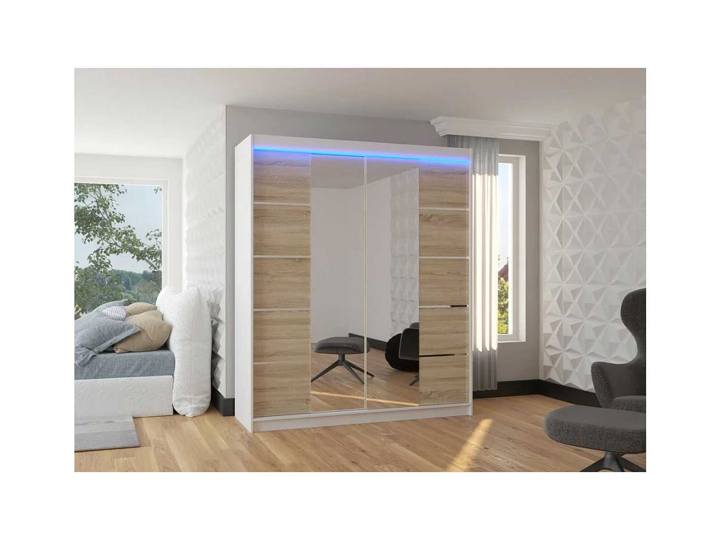 Armadio Triso (180cm)/Specchio/LED/Ante scorrevoli/Bianco&Sonoma