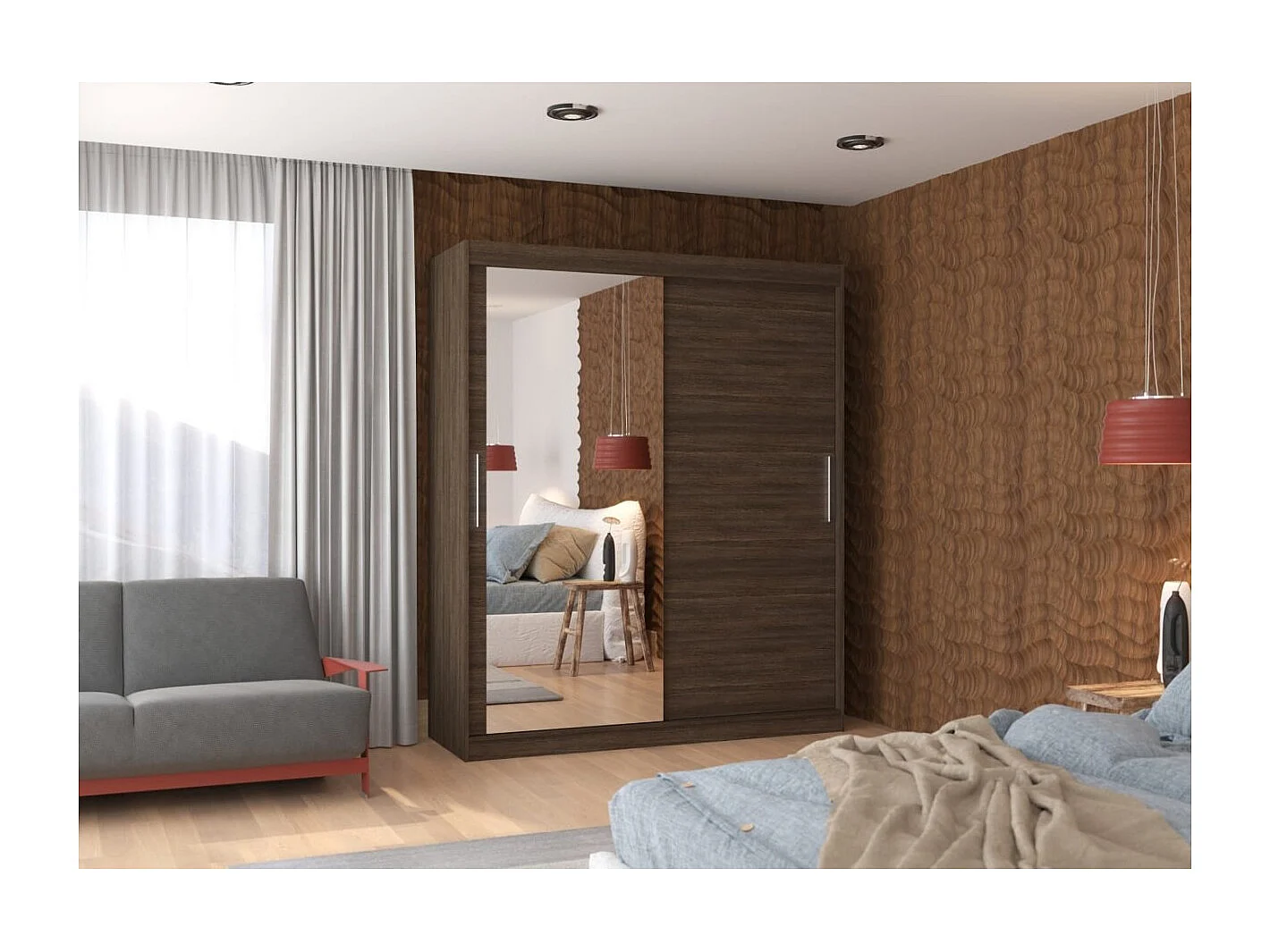 Armadio Tim (180cm)/Specchio/Ante scorrevoli/Marrone