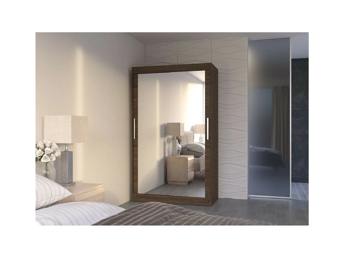 Armadio Tibo (120cm)/Specchio/Ante scorrevoli/Marrone