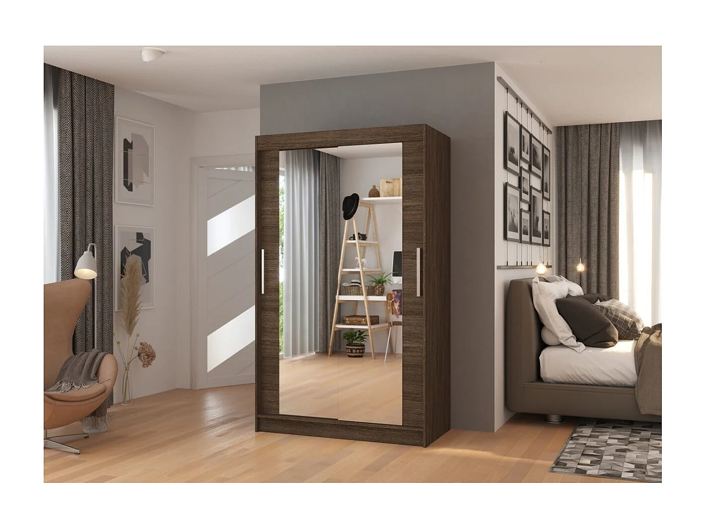 Armadio Tibo (120cm)/Specchio/Ante scorrevoli/Marrone