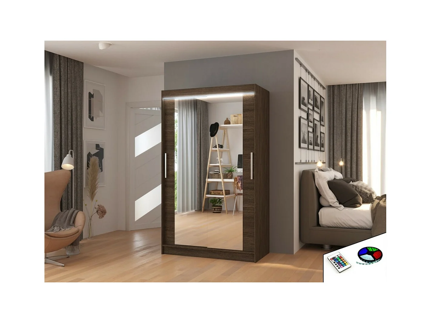 Armadio Tibo (120cm)/Specchio/LED/Ante scorrevoli/Marrone