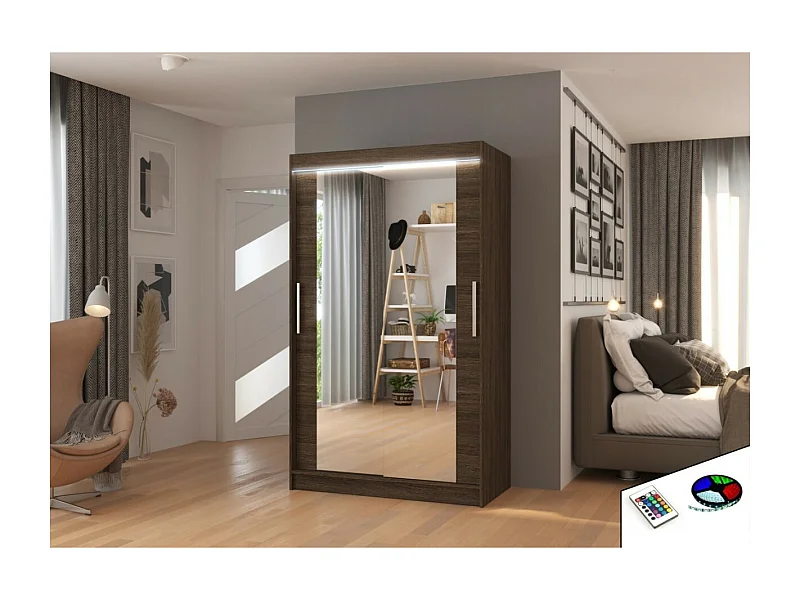 Kleiderschrank Tibo (120cm)/Spiegel/LED/Schiebetüren/Braun