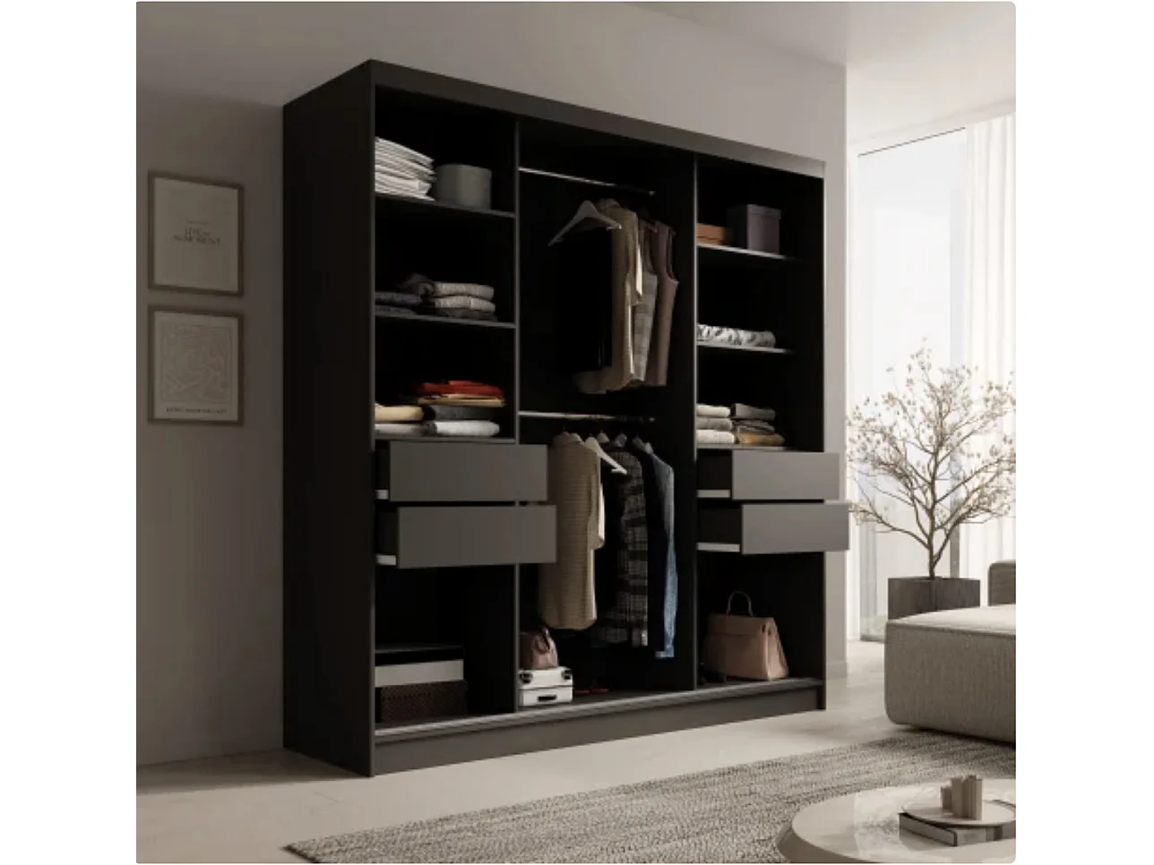 Armoire 3 portes coulissantes KERY 200cm avec miroir – Design moderne-Noir/Argent