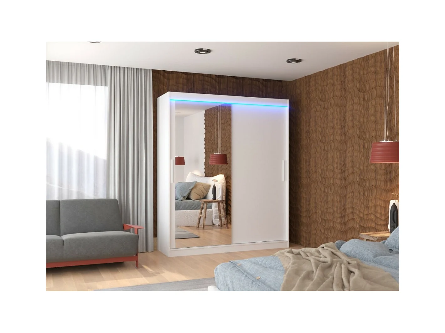 Kleiderschrank Tim (180cm)/Spiegel/LED/Schiebetüren/Weiss