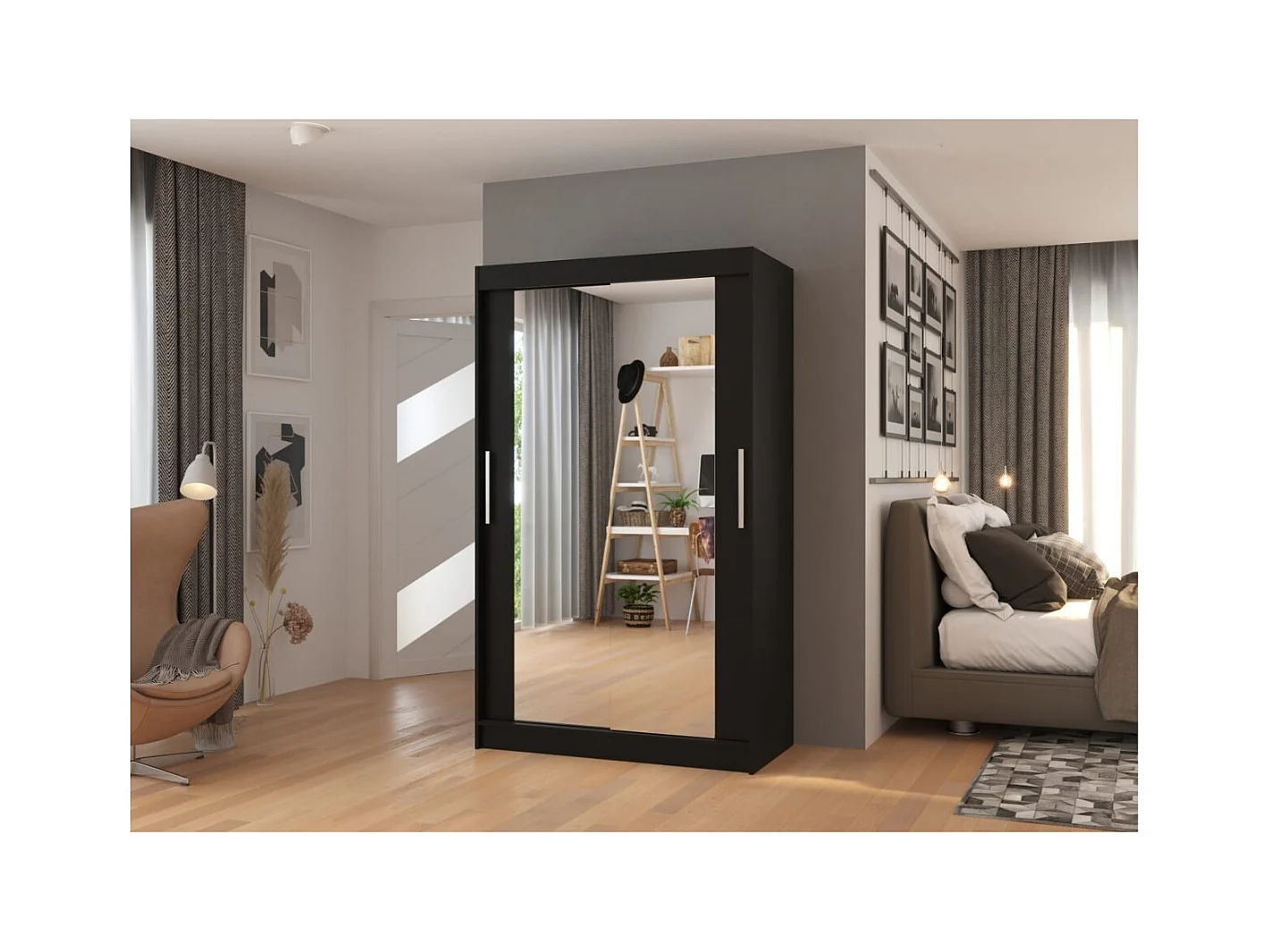 Kleiderschrank Tibo (120cm)/Spiegel/Schiebetüren/Schwarz