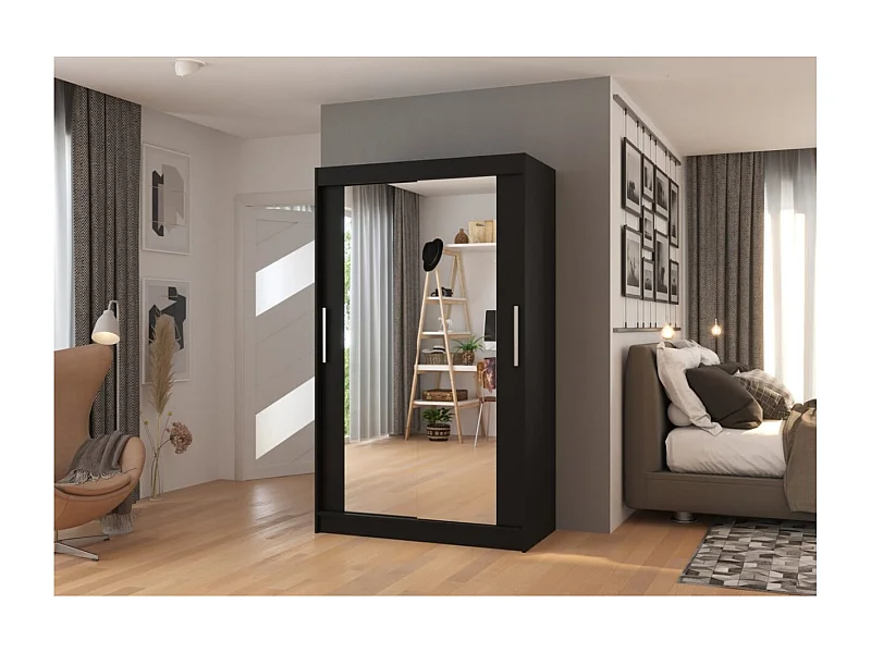 Kleiderschrank Tibo (120cm)/Spiegel/Schiebetüren/Schwarz