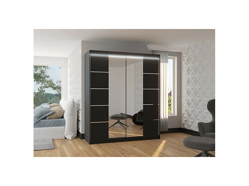 Armoire Triso (180cm)/Miroir/LED/Portes coulissantes/Noir