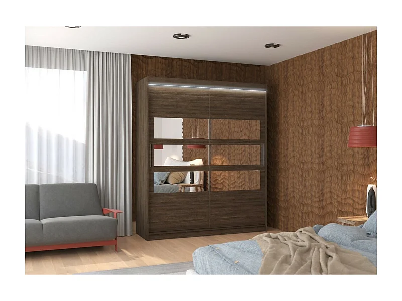Armoire Toreno Lux (180cm)/Miroir/LED/Portes coulissantes/Marron