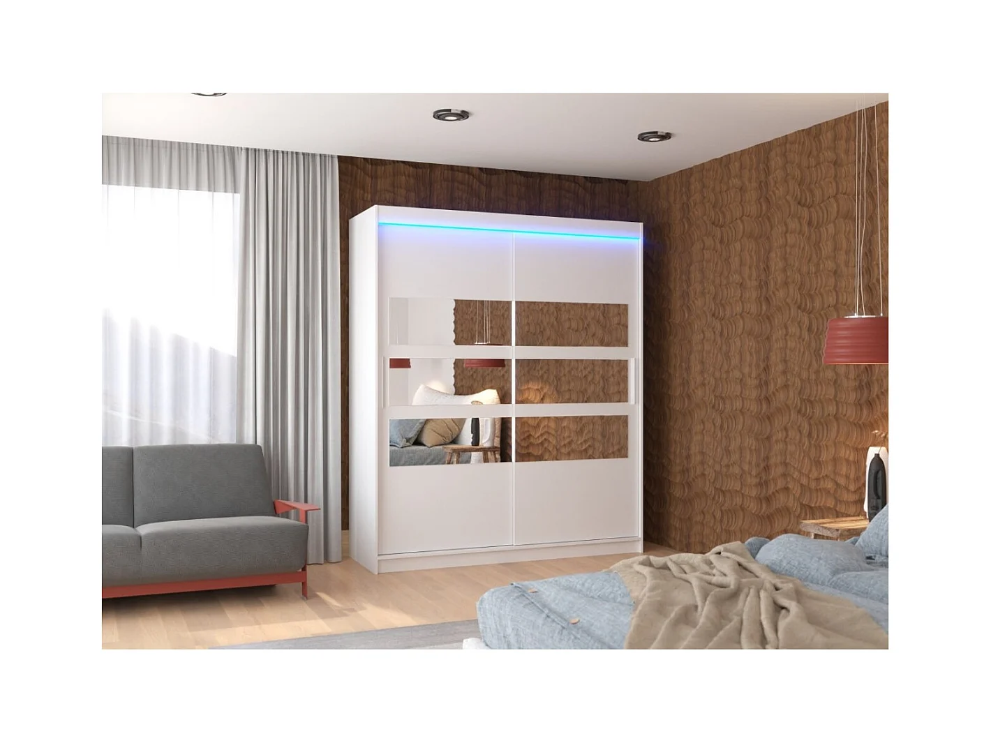 Armoire Toreno Lux (180cm)/Miroir/LED/Portes coulissantes/Blanc