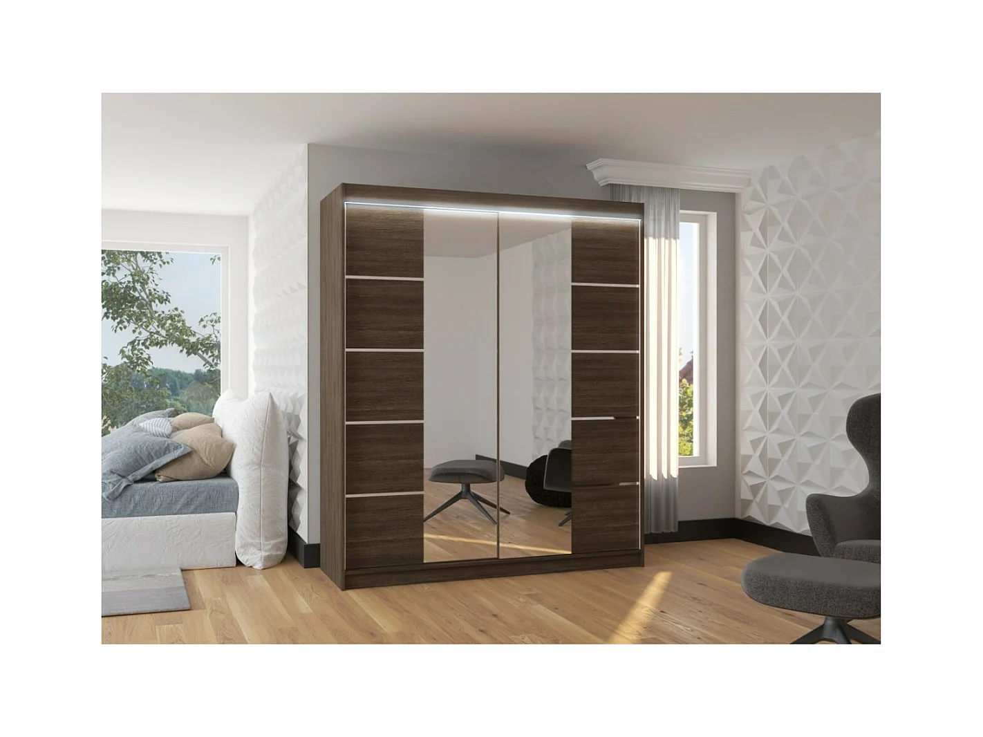 Armadio Triso (180cm)/Specchio/LED/Ante scorrevoli/Marrone