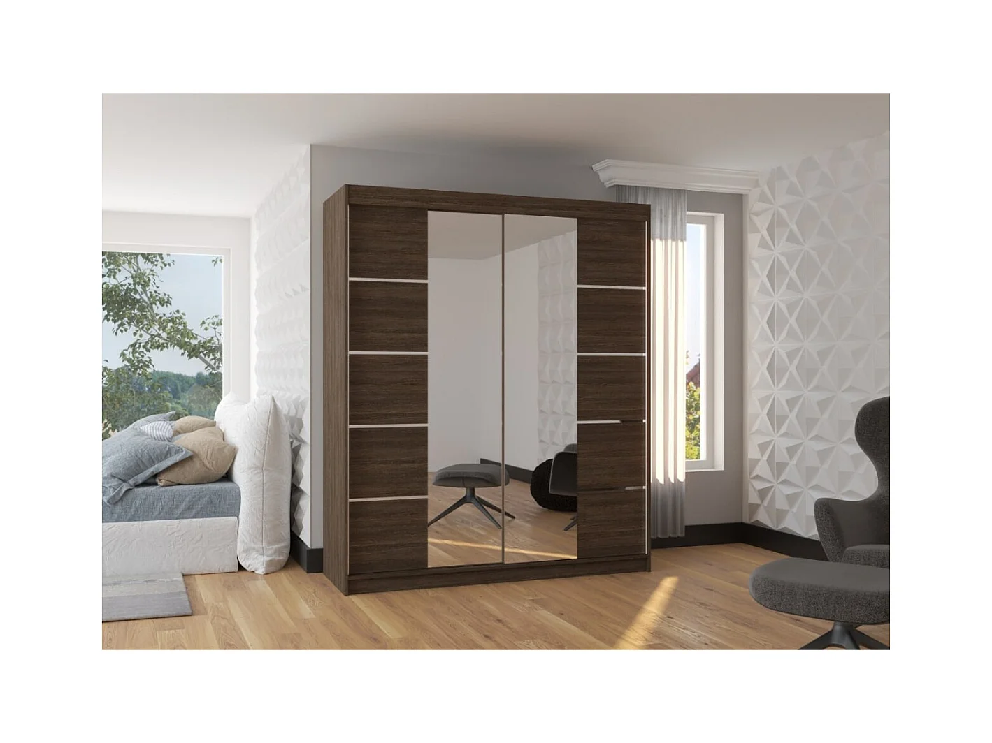 Armadio Triso (180cm)/Specchio/LED/Ante scorrevoli/Marrone