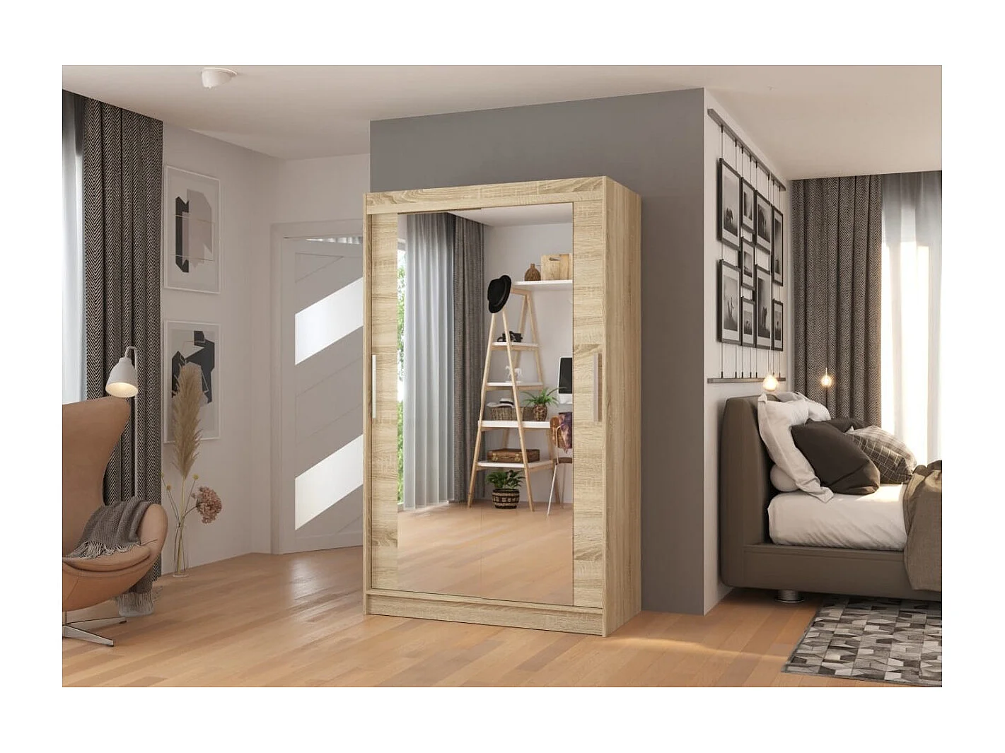 Armoire Tibo (120cm)/Miroir/Portes coulissantes/Sonoma