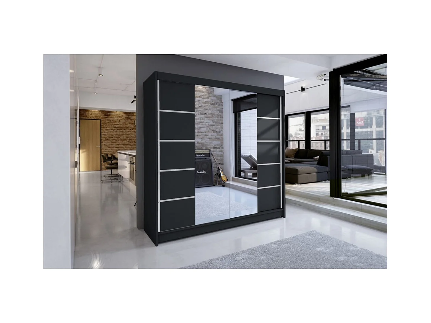 Armadio Triso (180cm)/Specchio/Ante scorrevoli/Nero