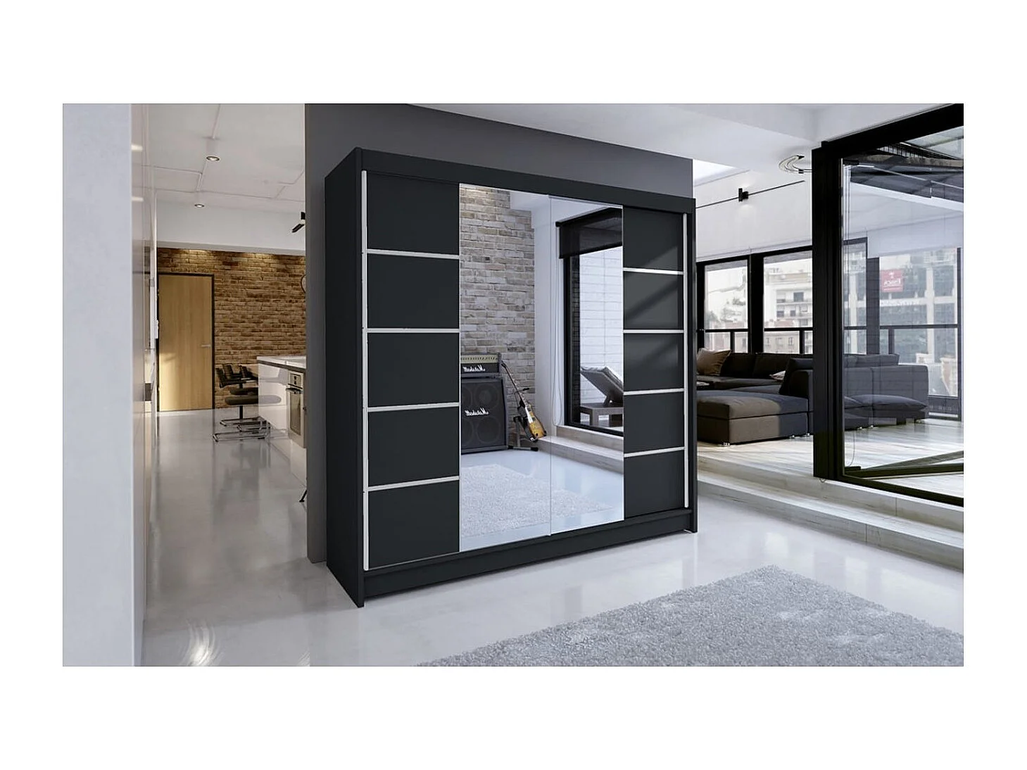 Kleiderschrank Triso (180cm)/Spiegel/Schiebetüren/Schwarz