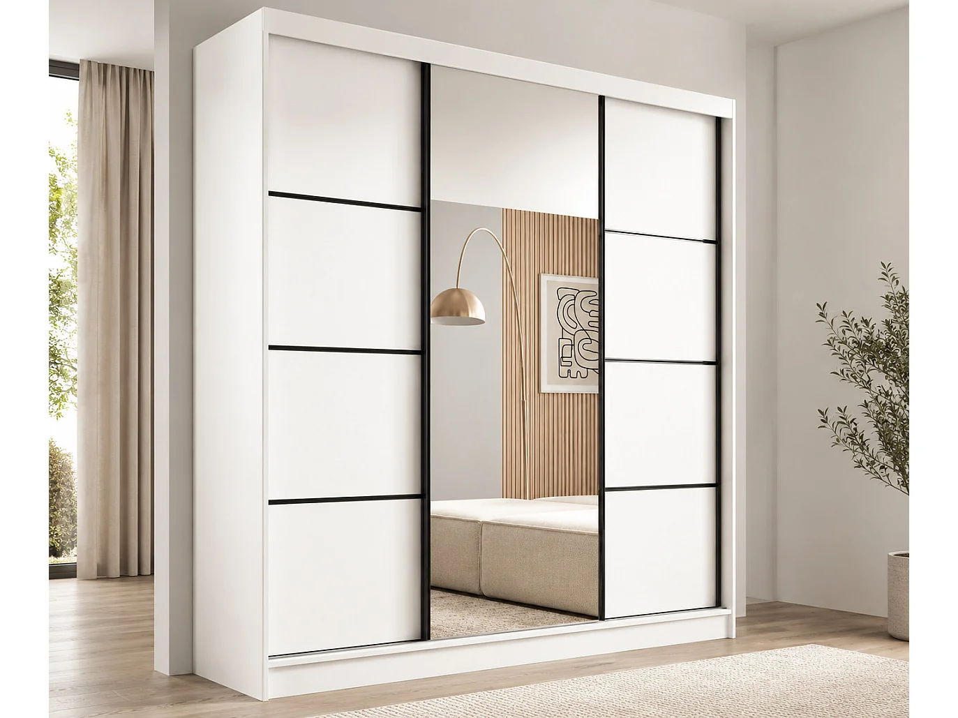 Armoire 3 portes coulissantes KERY 200cm avec miroir – Design moderne-Blanc/Noir