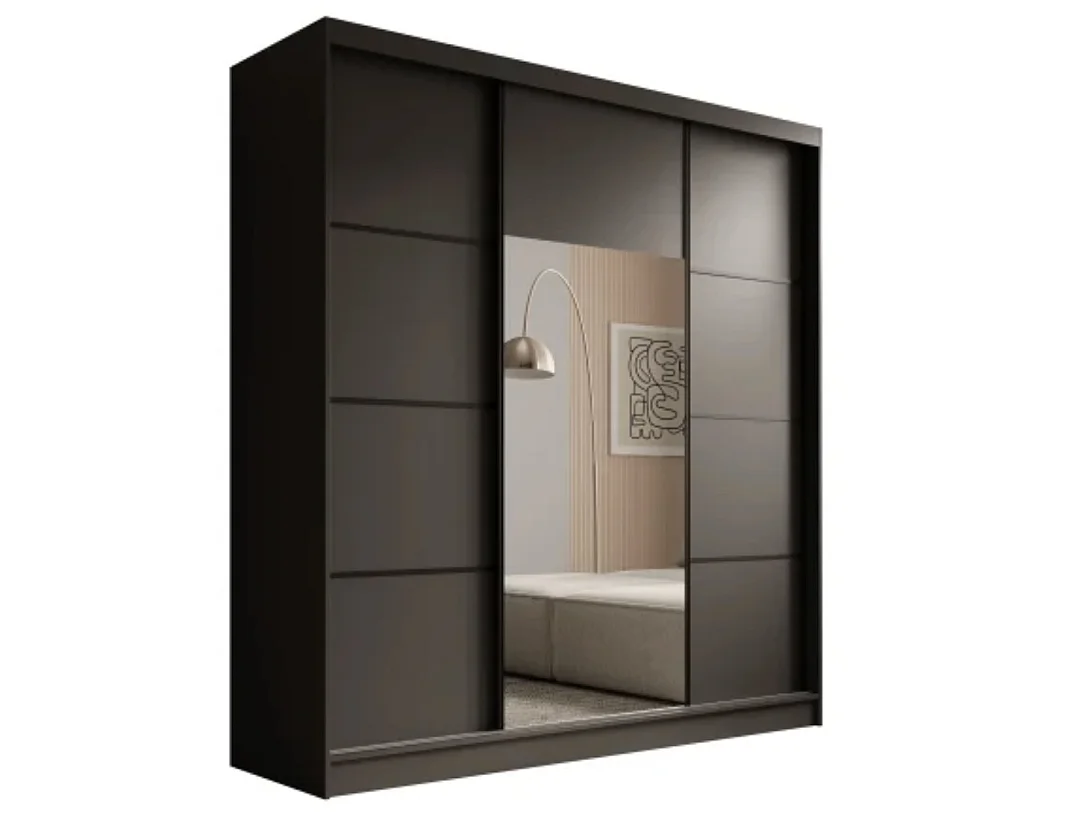 Armoire 3 portes coulissantes KERY 200cm avec miroir – Design moderne-Blanc/Noir
