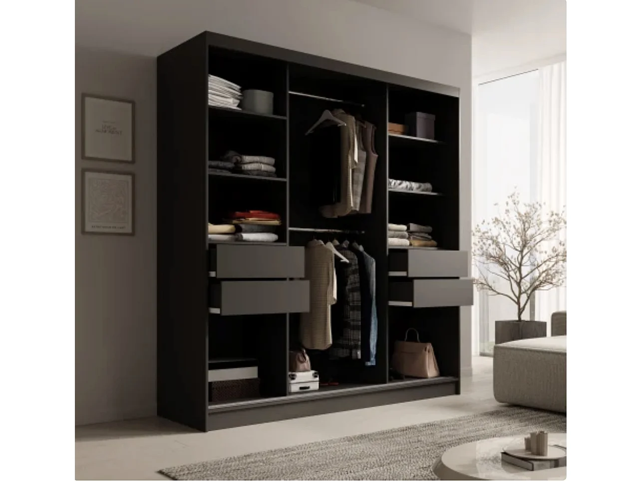 Armoire 3 portes coulissantes KERY 200cm avec miroir – Design moderne-Blanc/Noir