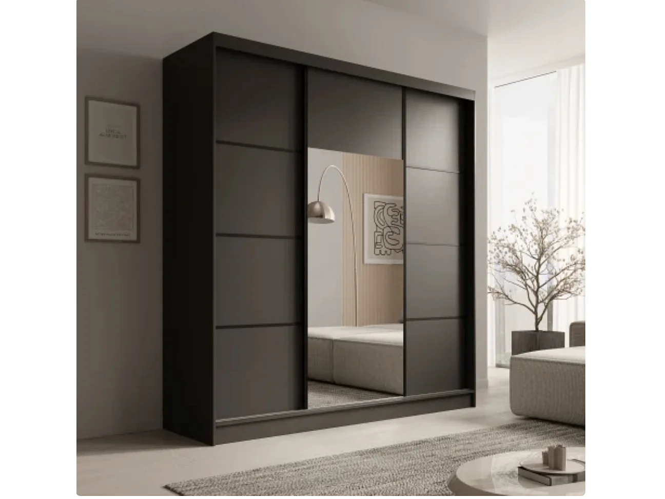 Armoire 3 portes coulissantes KERY 200cm avec miroir – Design moderne-Blanc/Noir