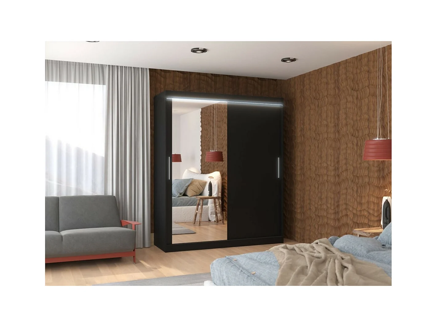 Kleiderschrank Tim (180cm)/Spiegel/LED/Schiebetüren/Schwarz