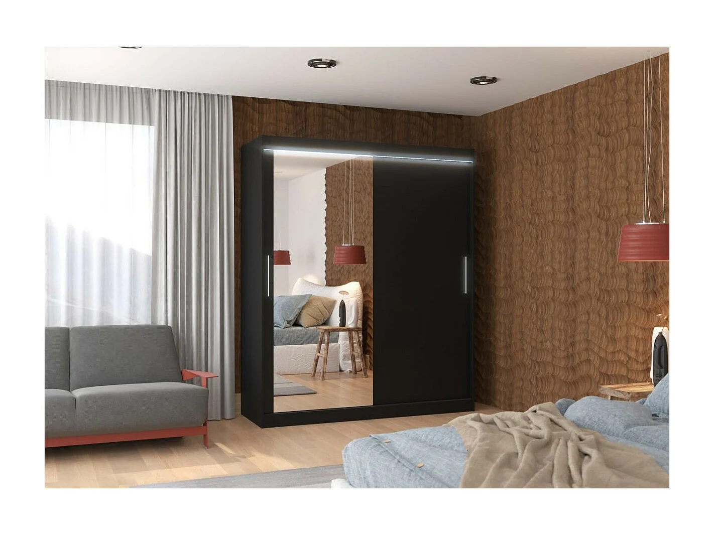 Kleiderschrank Tim (180cm)/Spiegel/LED/Schiebetüren/Schwarz