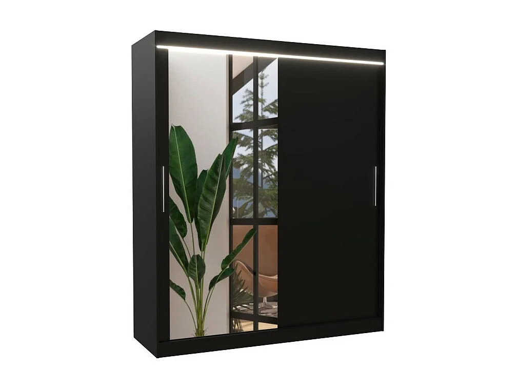 Kleiderschrank Tim (180cm)/Spiegel/LED/Schiebetüren/Schwarz