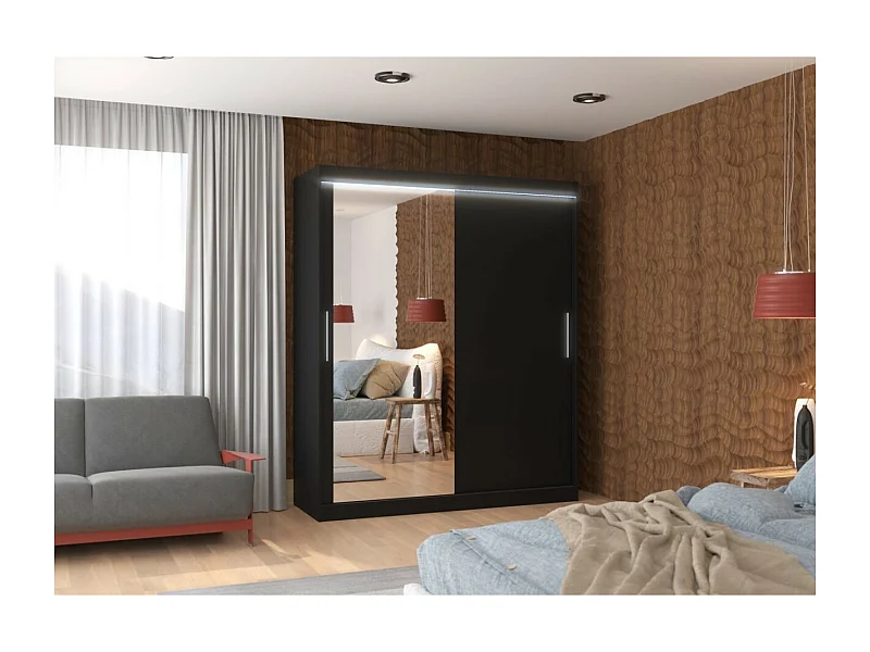 Kleiderschrank Tim (180cm)/Spiegel/LED/Schiebetüren/Schwarz