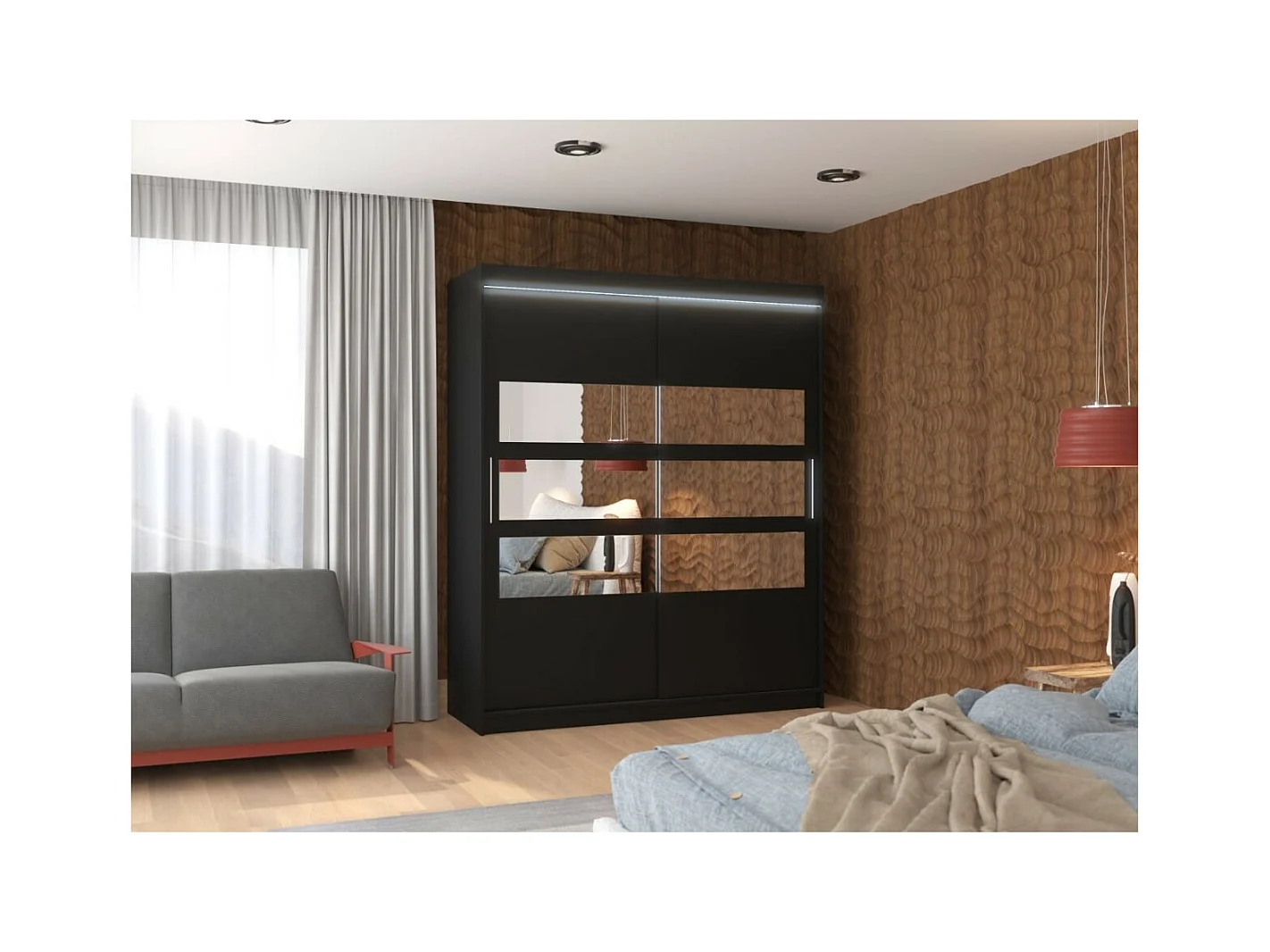 Armadio Toreno Lux (180cm)/Specchio/LED/Ante scorrevoli/Nero