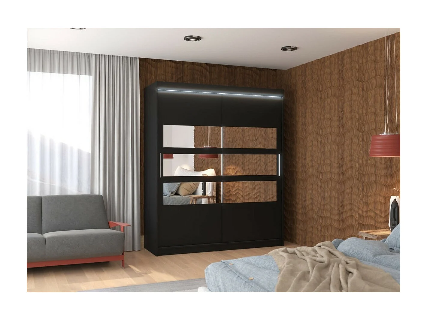 Kleiderschrank Toreno Lux (180cm)/Spiegel/LED/Schiebetüren/Schwarz