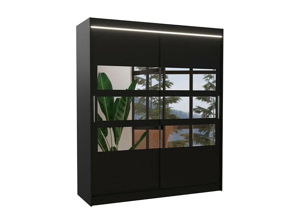 Kleiderschrank Toreno Lux (180cm)/Spiegel/LED/Schiebetüren/Schwarz