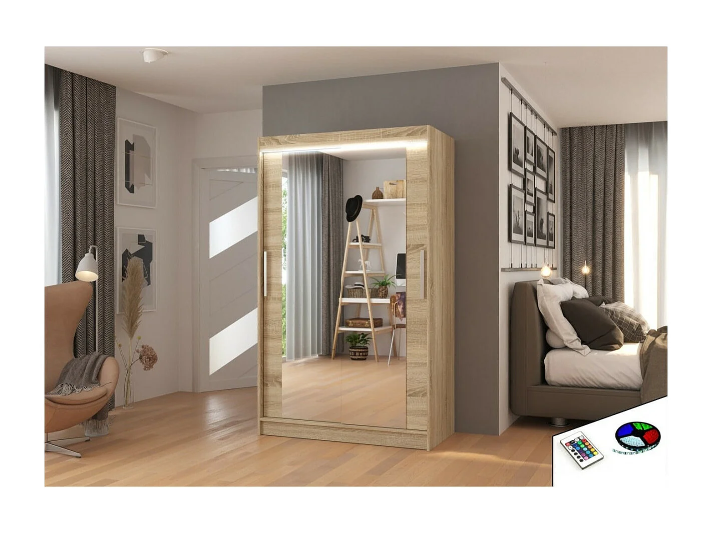 Armadio Tibo (120cm)/Specchio/LED/Ante scorrevoli/Sonoma