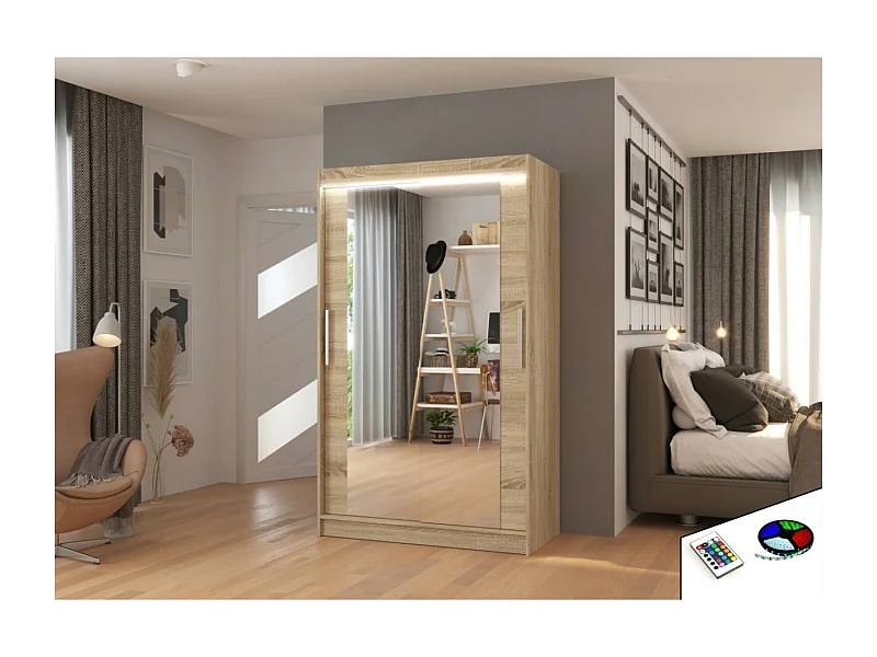 Kleiderschrank Tibo (120cm)/Spiegel/LED/Schiebetüren/Sonoma