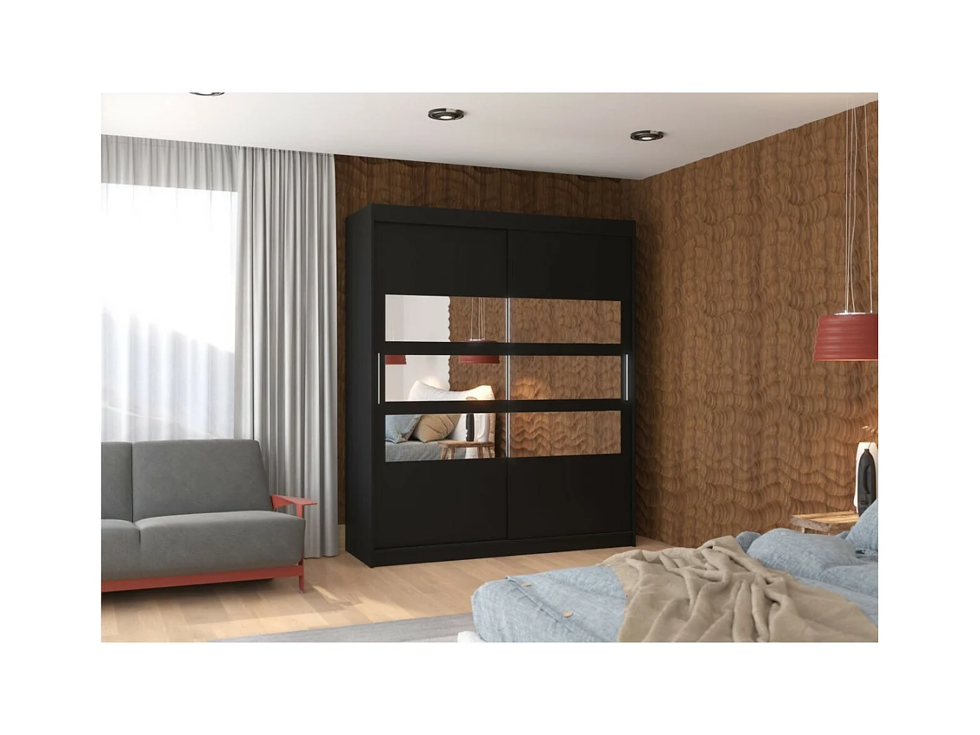 Kleiderschrank Toreno (180cm)/Spiegel/Schiebetüren/Schwarz