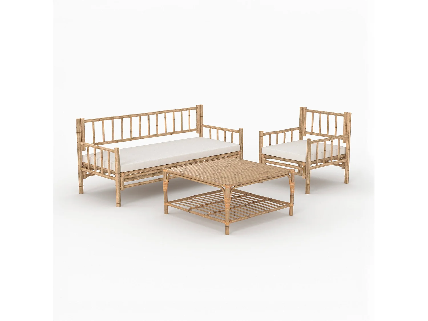 Salon de jardin 4 personnes en bambou, table basse carré - Vadella