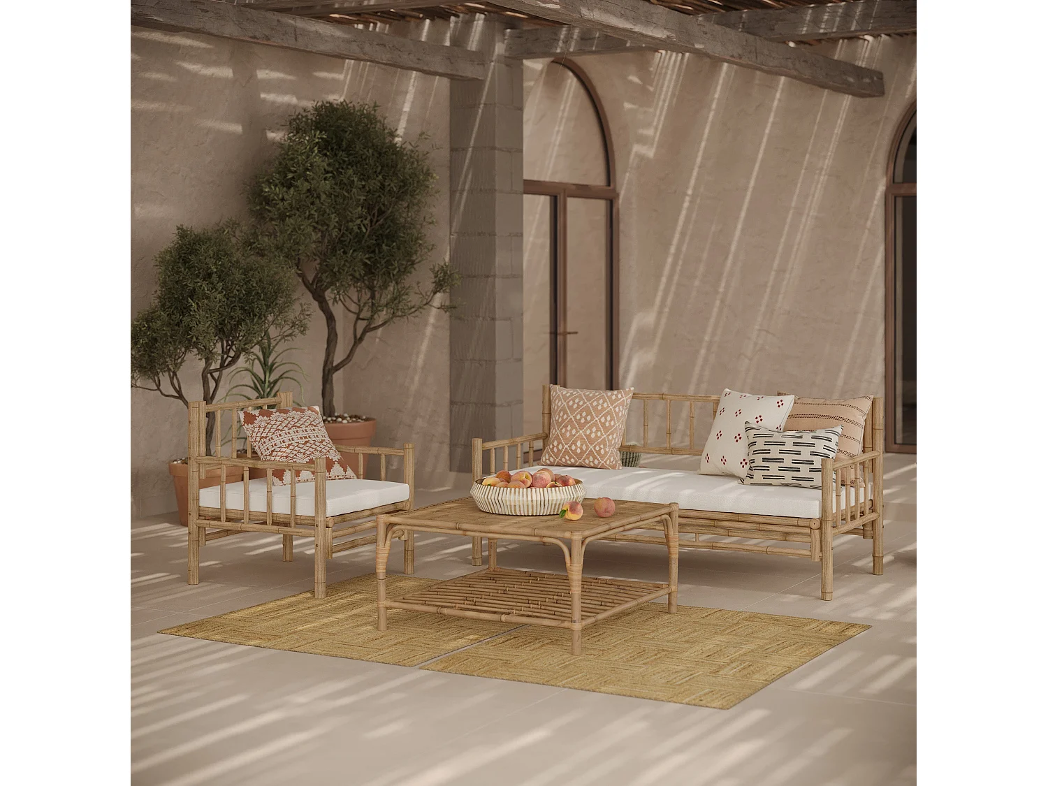 Salon de jardin 4 personnes en bambou, table basse carré - Vadella