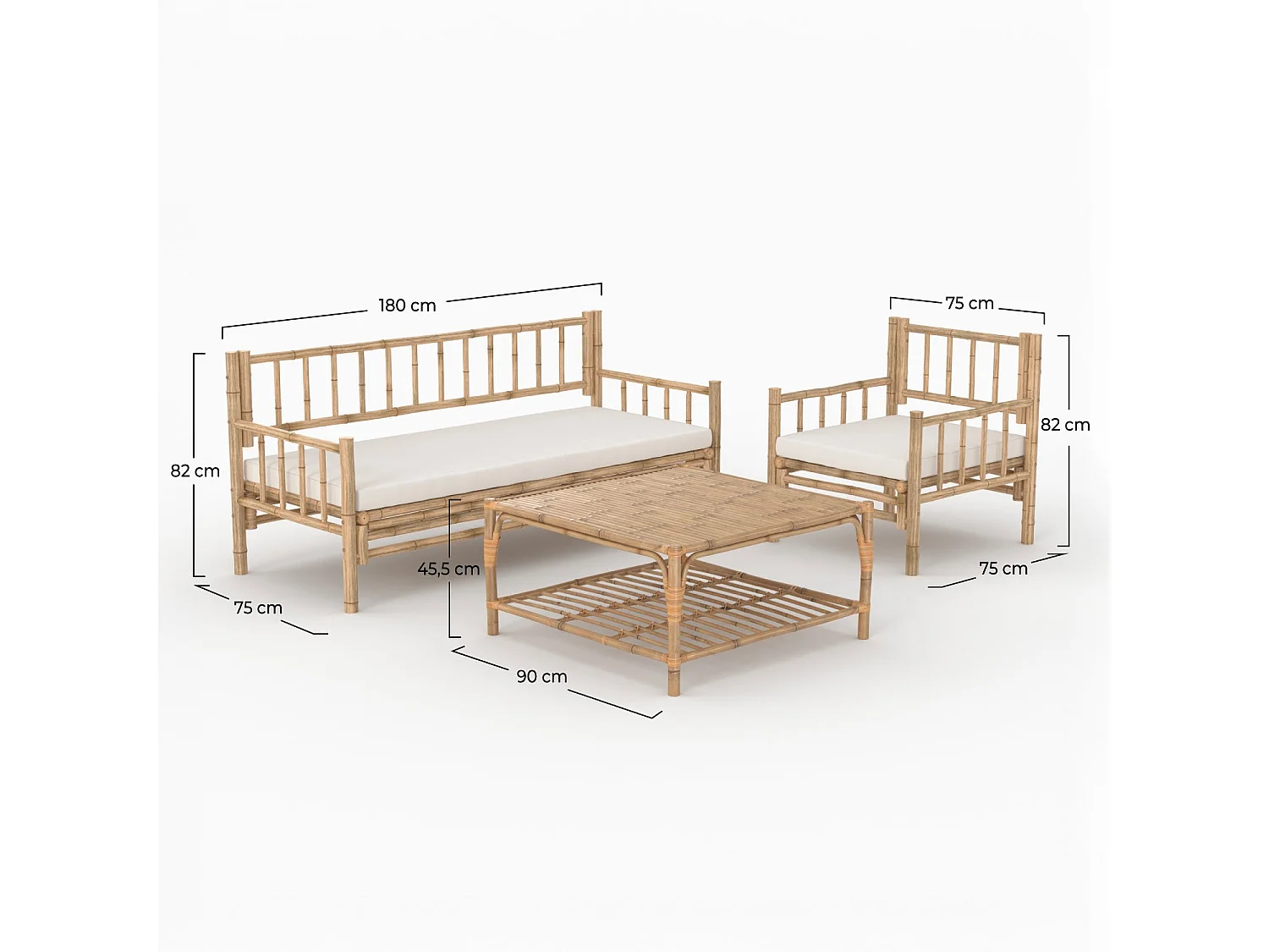 Salon de jardin 4 personnes en bambou, table basse carré - Vadella