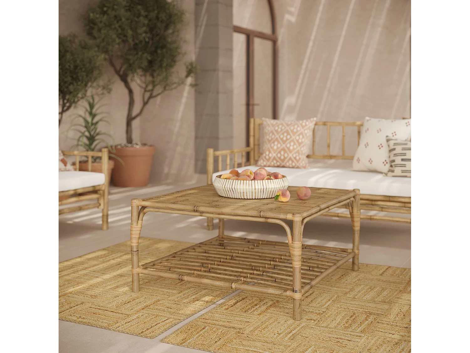 Salon de jardin 4 personnes en bambou, table basse carré - Vadella