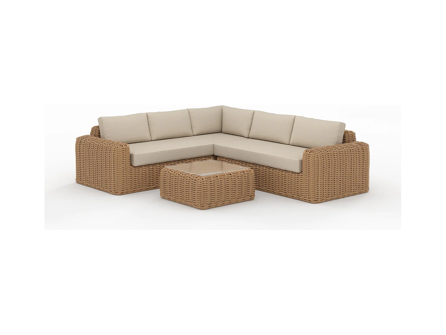 Salon de jardin 4 personnes en résine tressé et tissu beige - Savana