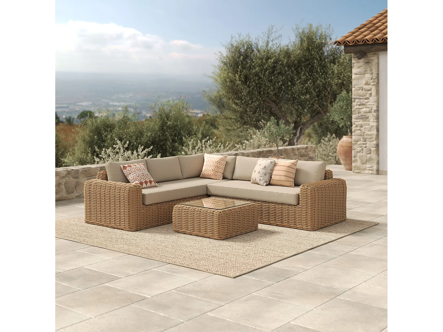 Salon de jardin 4 personnes en résine tressé et tissu beige - Savana