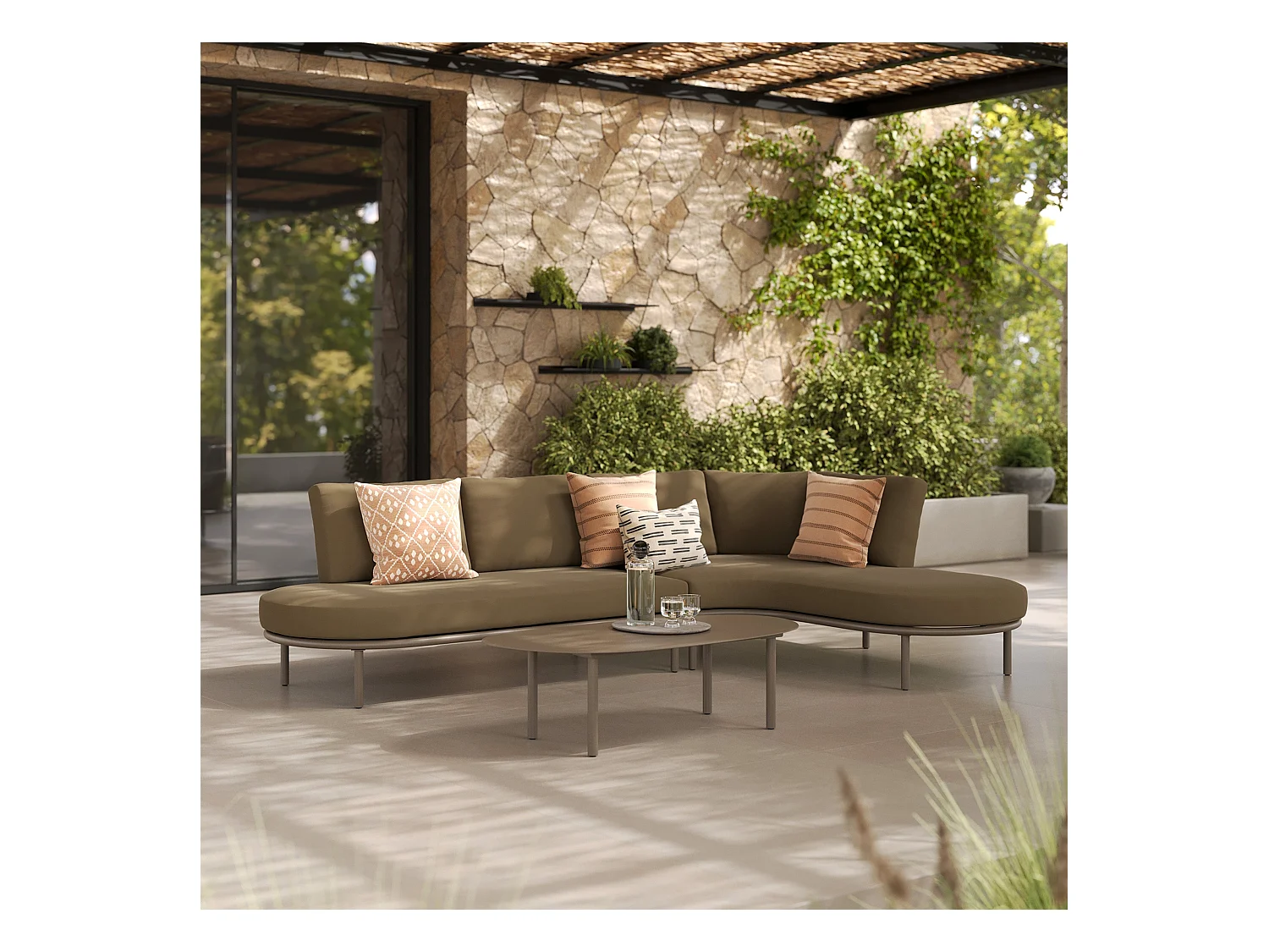 Juego de jardín de 4 personas de metal y tela verde oliva - Amaya