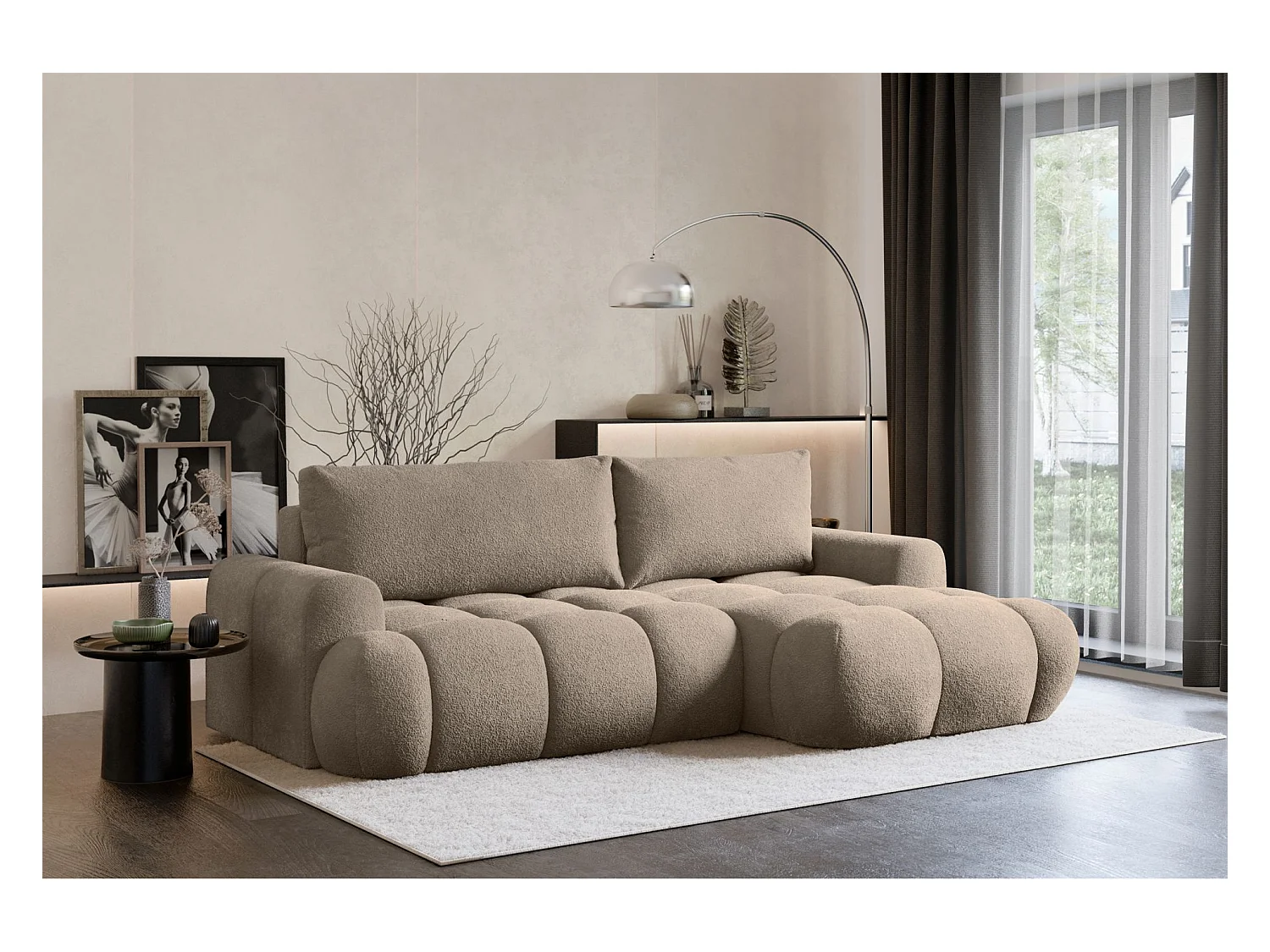 Canapé d'angle convertible - bouclé beige foncé- côté droit - OMBO MINI