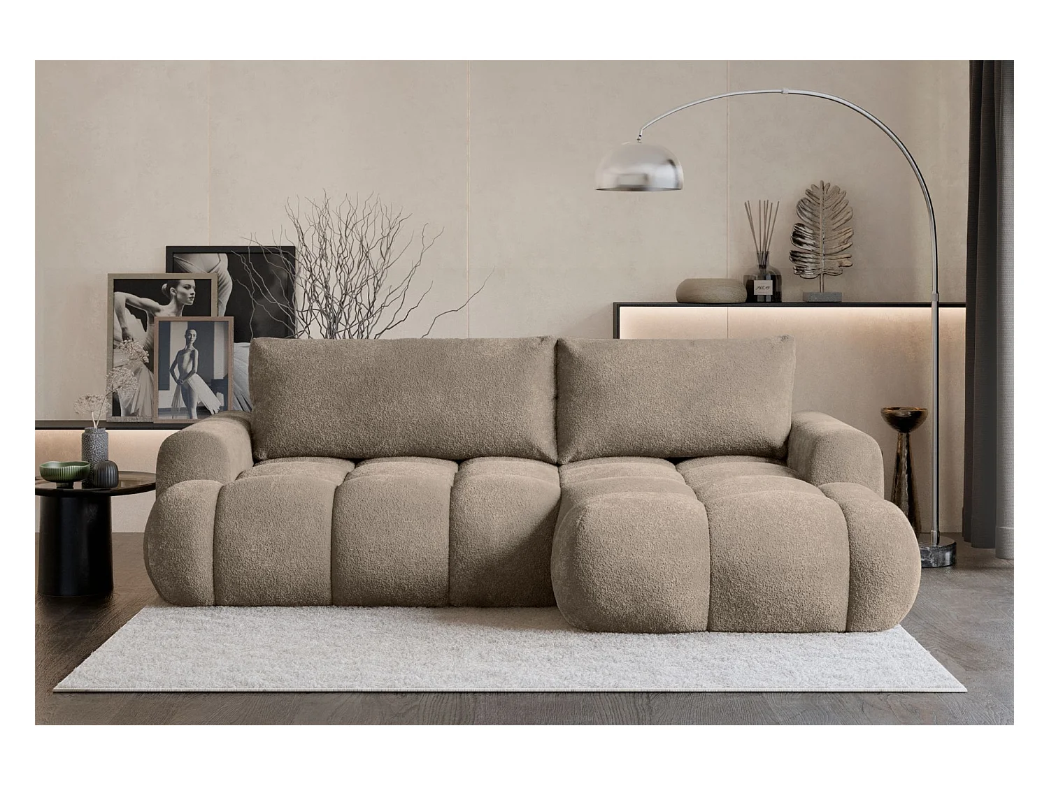 Canapé d'angle convertible - bouclé beige foncé- côté droit - OMBO MINI