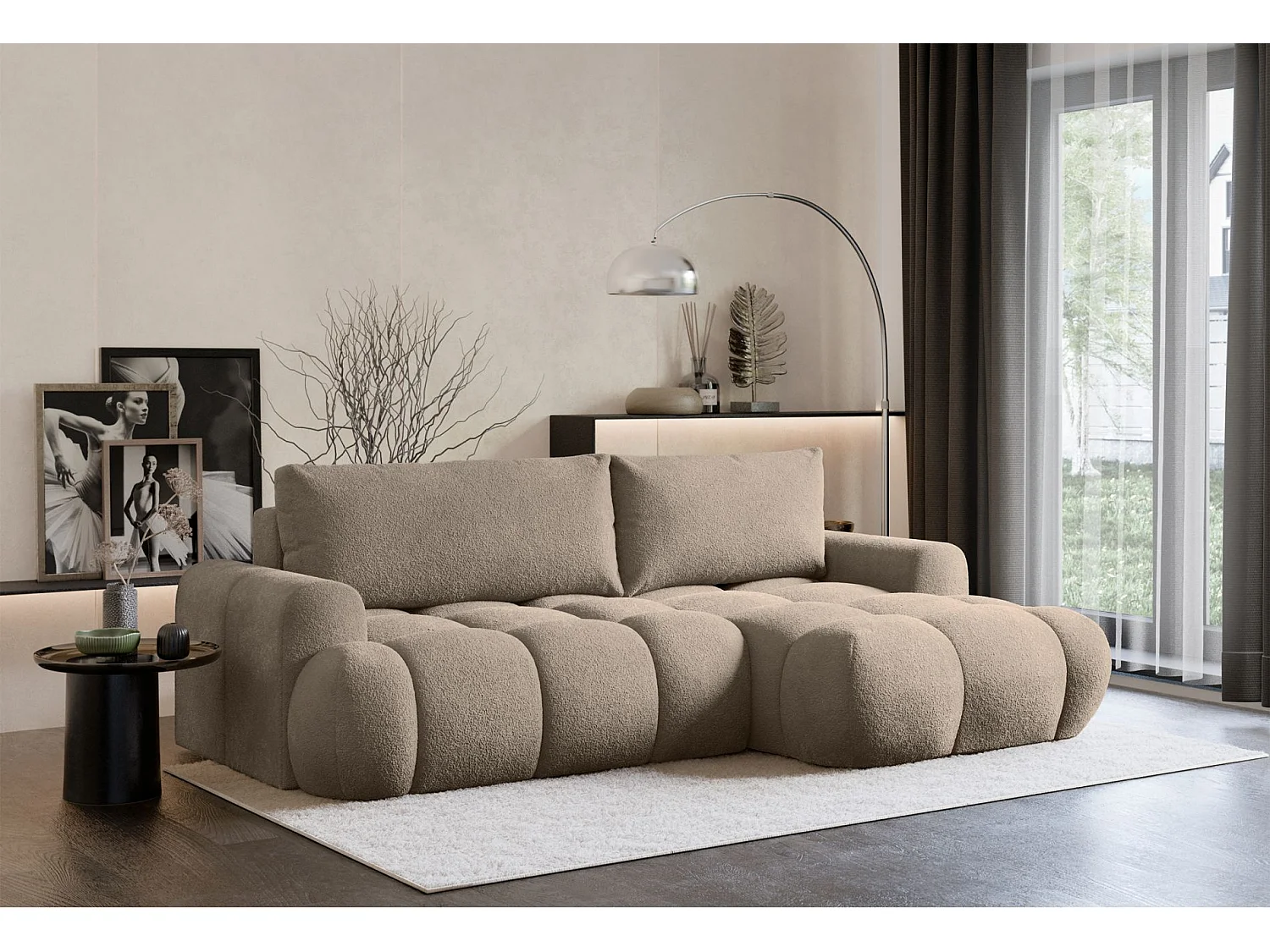 Canapé d'angle convertible - bouclé beige foncé- côté droit - OMBO MINI